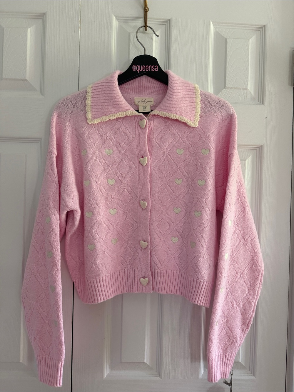 Very Truly Yours Pink Heart Diamond Knit Cardigan Sweater Pastel Cottagecore M